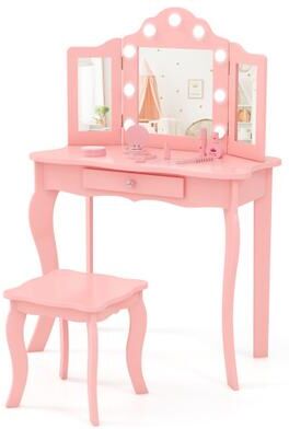 Costway Kid Vanity Table Stool Set with Tri-Folding Mirror and 3-Color LED Lights-Pink