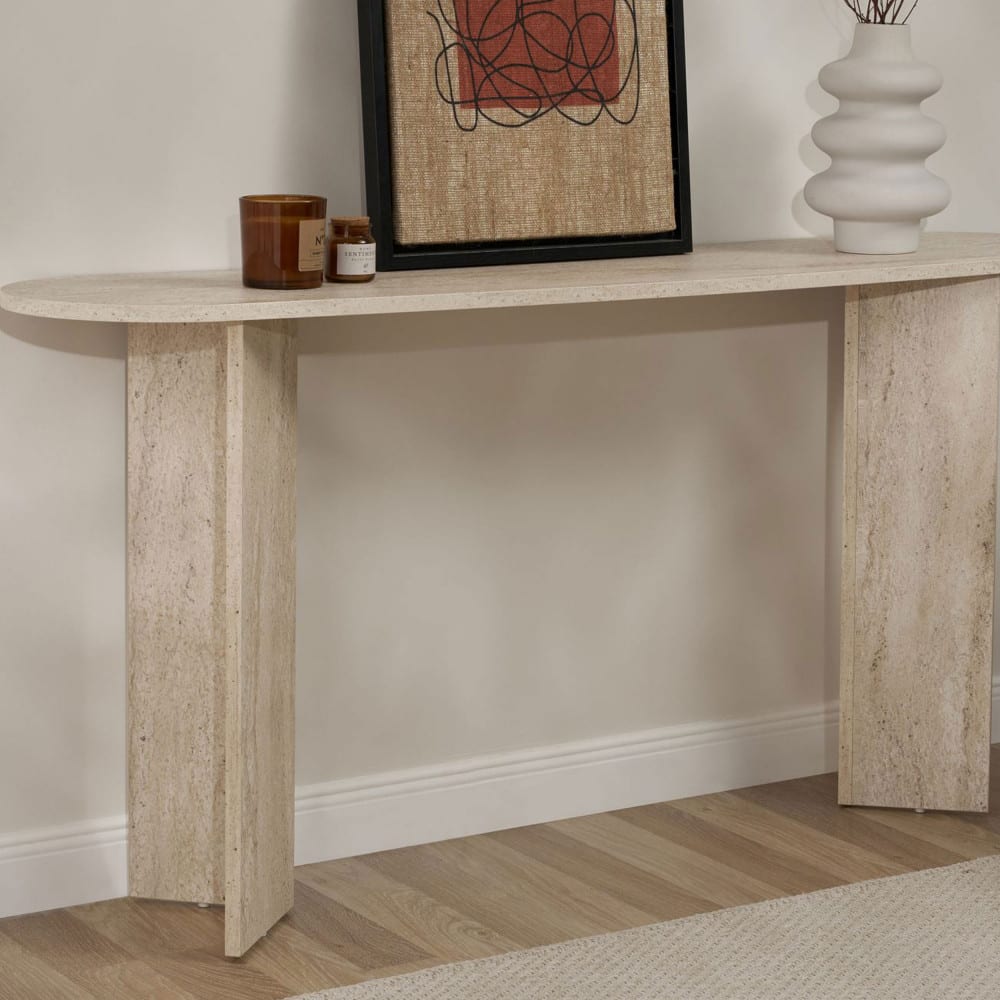 Drawer Console ovale en effet travertin l150cm - beige Beige 150x75x35cm