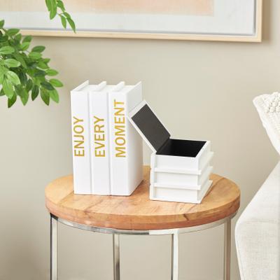 ARCILLA ELEMENTAL White or Black Canvas Faux Storage Book Box with Gold or White Enjoy, Every, Moment Text (Set of 2)