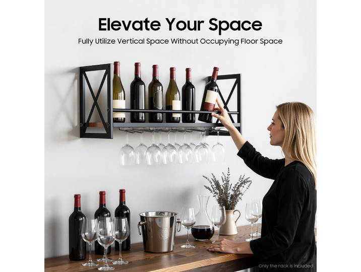 Porte-vin mural pour 10 bouteilles et 12 verres, design industriel gain de place pour cuisine, bar, restaurant, cadeau pour les amateurs de vin