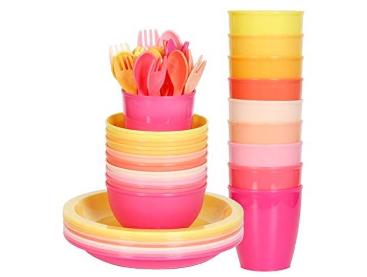 Youngever 54 Teiliges Kunststoff Kindergeschirr Set, Mehrweg Kleinkind Geschirr Set, Dinnerset in 9 Farben (Pink)