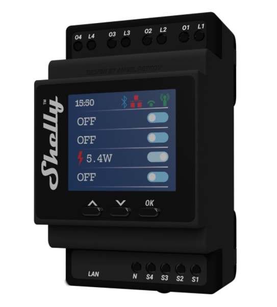 Shelly Pro 4PM smarter Relaisschalter 40A Großgeräte Hutschiene Relais Messfunktion 1 Phase 4 Kanäle WLAN LAN BT Shelly_Pro_4PM