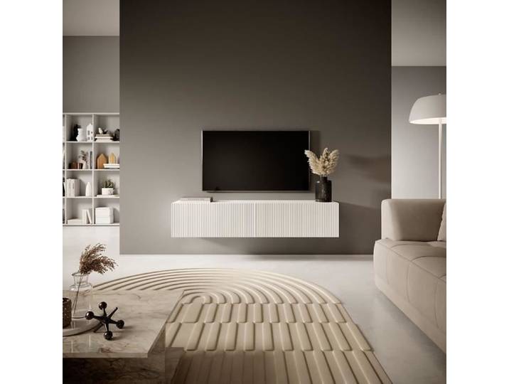 Meuble TV - VELDIO - 140 cm blanc avec façade fraisée