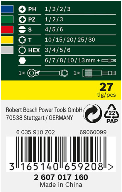 Set d’embouts de vissage + cliquet, 27 pièces ; Bosch (2607017160)