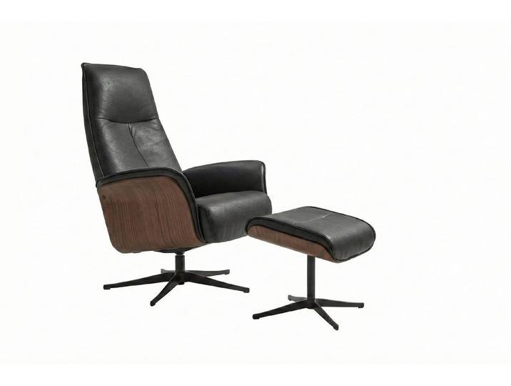 KAWOLA Relaxsessel FERREIRA Leder schwarz Komfort Drehsessel – Bequem, 360° drehbar, Relaxfunktion, Kopfstütze, inklusive Fußhocker