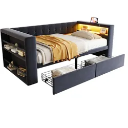 MODFU Polsterbett 90x190 cm in Dunkelgrau mit LED-Beleuchtung, integrierter Steckdose und praktischem Stauraum mit Schubladen