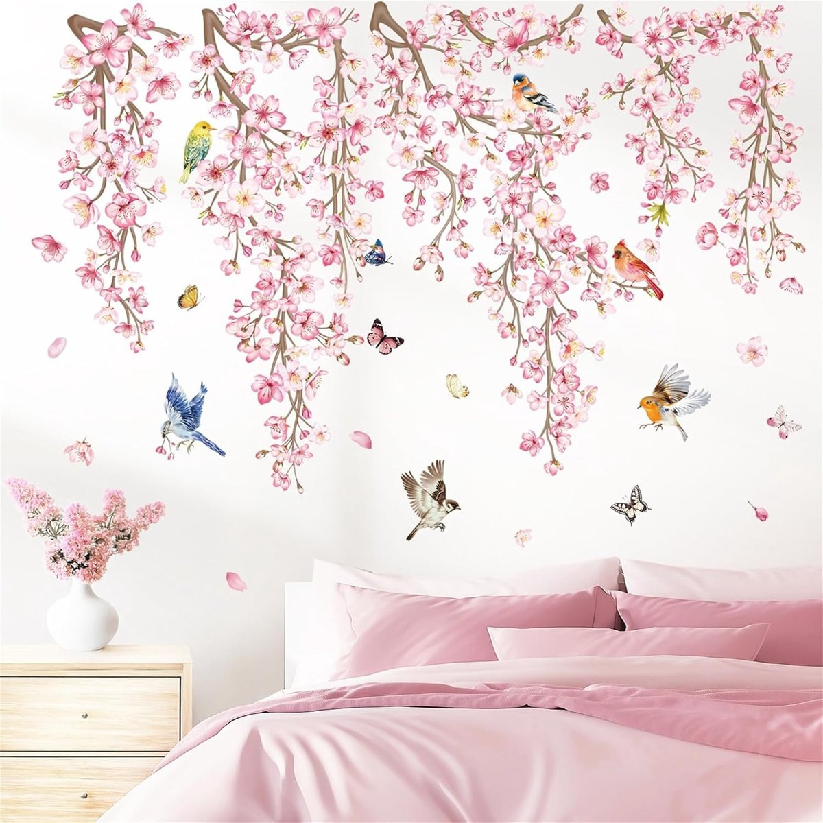 ShopVlot Wandstickers Bloemen Lianen - Roze Kersenbloesem met Vogels - Muurdecoratie