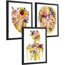 POSTER Set aus 3 Anatomie Mensch Drucke und Wandbilder mit Herz Gehirn und Skelett Goldenes Florales Design Wanddekoration Größe Schwarzer Rahmen A3