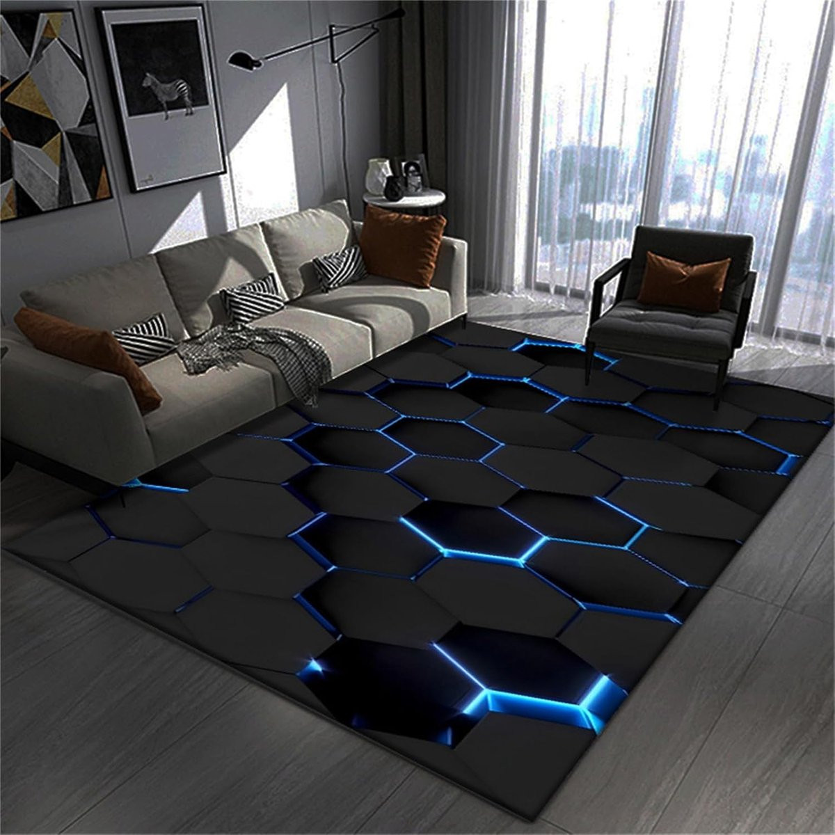 Modern Geometrisch Gaming Vloerkleed met 3D Rechte Lijn - Antislip Vloermat voor Tiener Jongens Slaapkamer en Kinderkamer