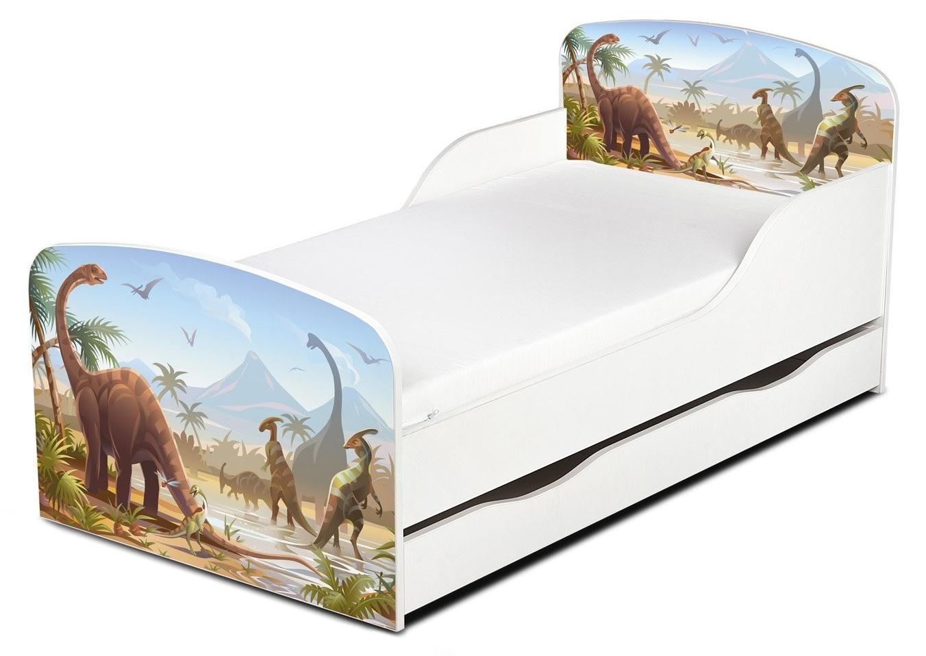 Holz Dino Bett mit Schubladen für Bettwäsche, Komplett mit Matratze