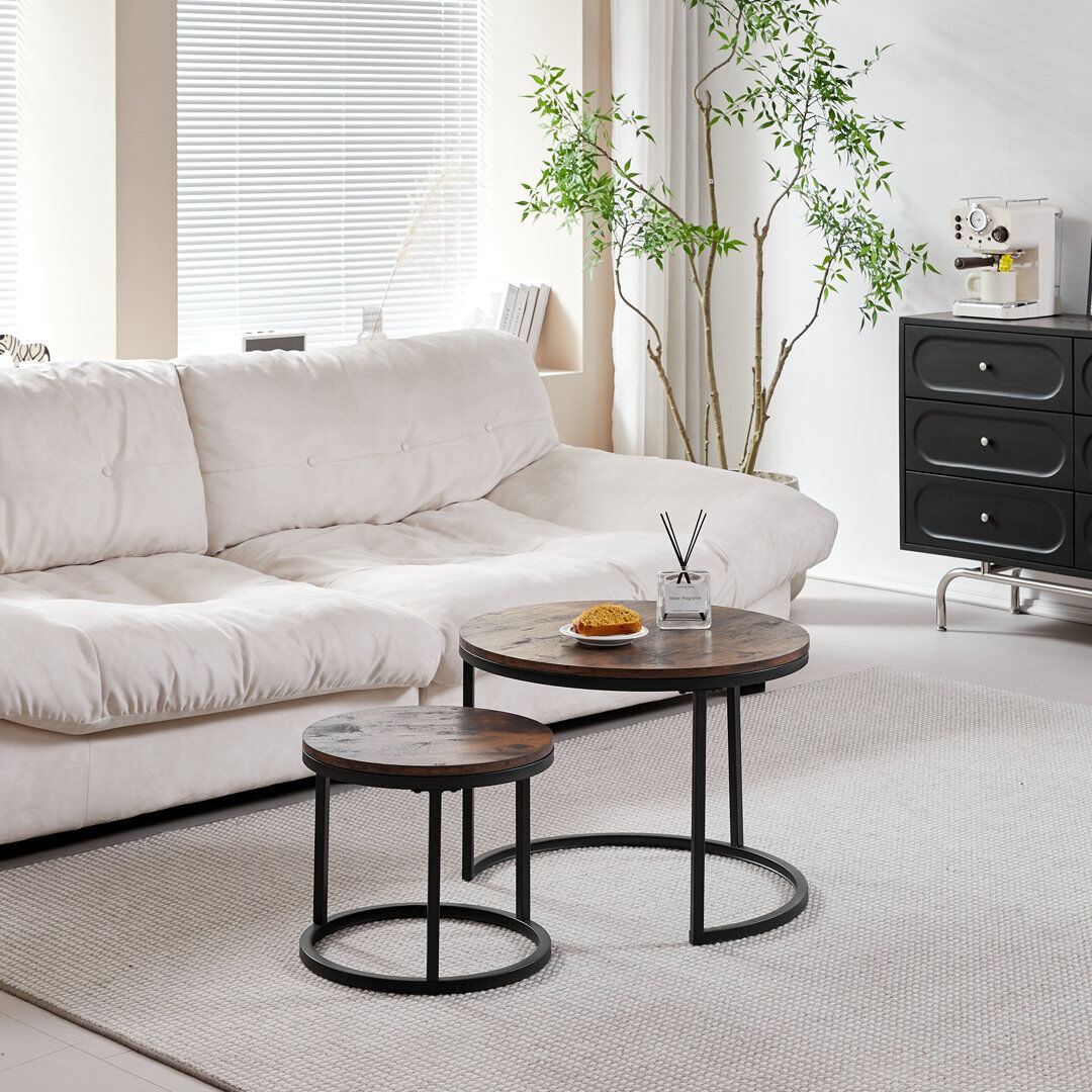 Rio Modern Nesting Coffee Tables, Round Wood Effect MDF Tabletop with Black Metal Frame for Living Room Grey 44.5cm H X 60cm W X 60cm D