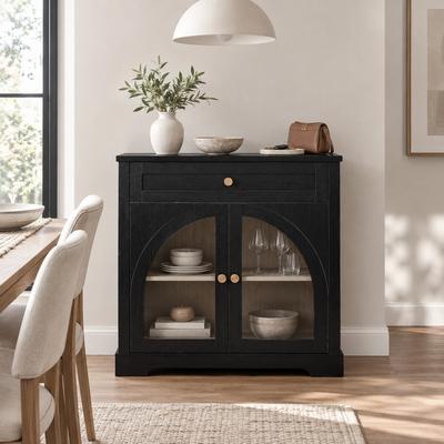 Fundinbaths "32"" Modern Sideboard Cabinet with Drawer, 2 Arched Glass Doors and Adjustable Shelf"