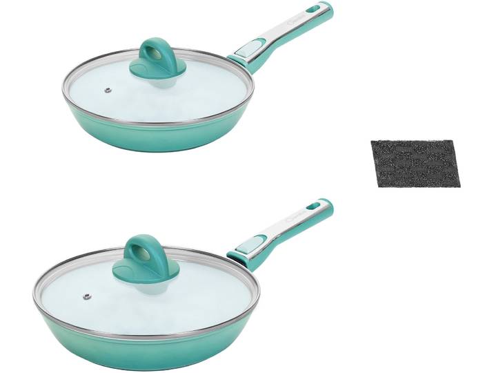 Pfannen-Set GENIUS Cerafit Revolution Ø 24 cm 28 cm , grün (aquagrün), Pfannen, Pfannen-Set, inkl. Glasdeckel und 2x Clia Genie Schwamm