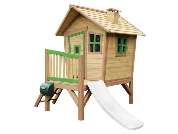 AXI Robin Spielhaus aus Holz in Braun & Grün mit Weißer Rutsche Kinderspielhaus, Stelzenhaus mit Veranda & Rutsche für Kinder, FSC Holz, Podesthöhe 58 cm