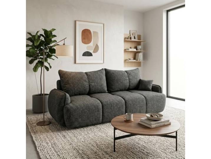 Mebligo LOBINO 3-Sitzer Schlafcouch aus Chenille mit Bettkasten, Schlaffunktion und DL-Automat fürs Wohnzimmer, Couch mit Bettfunktion, Dunkelgrau