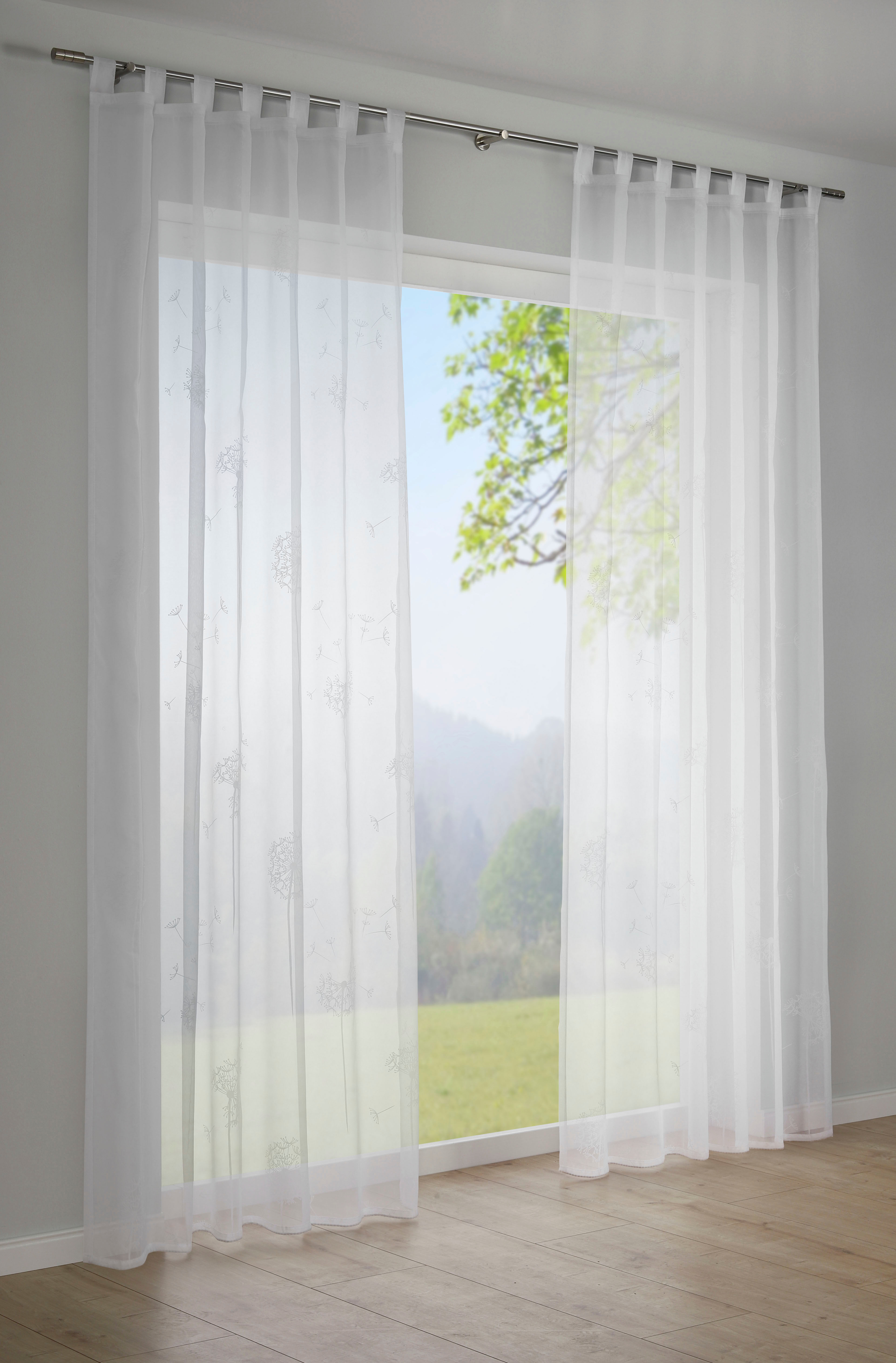 Gardine SEHLBACH "Schal Voile mit Flockprint Pusteblume" Gr. 1, weiss (weiß), B:140cm H:245cm, Polyester, Gardinen, Gardine, mit Schlaufen weiß 245cm, Schlaufen, 140cm