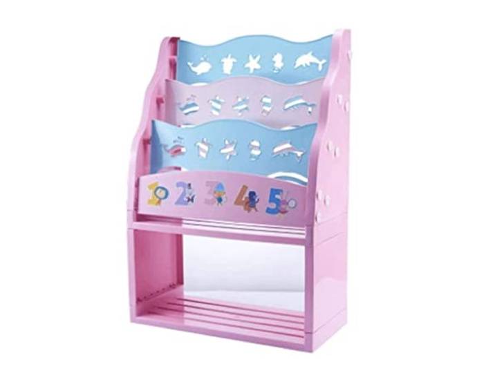 AZHKJKZH Büro-Aufbewahrungsregal Bücherregal Einfaches Zuhause Spielzeug Lagerregal Bücherregale Kunststoff Cartoon Bild Schlafzimmer Wohnzimmer(Pink 4Tiers,Without Basket)