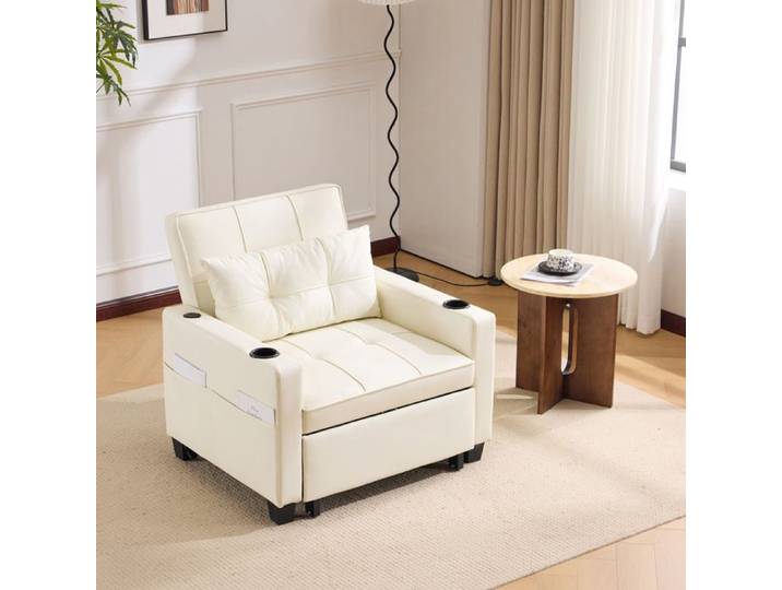 WOVREO Fauteuil convertible 3-en-1 1 place avec port USB porte-gobelets dossier réglable simili blanc