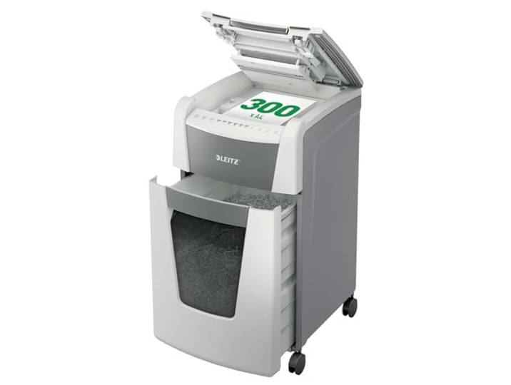 Leitz IQ Autofeed Office Aktenvernichter, 300 Blatt Papierstapel schreddern Zeit sparen mit automatischem Einzug, Partikelschnitt P4, 60L Abfallbehälter, Leiser Betrieb für Büro, 80150000