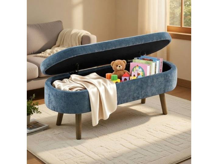 CollaHausse Banc de Rangement Multifonctionnel en Chenille Cadre Bois et Pieds Bois 20L 110x40x42cm Bleu