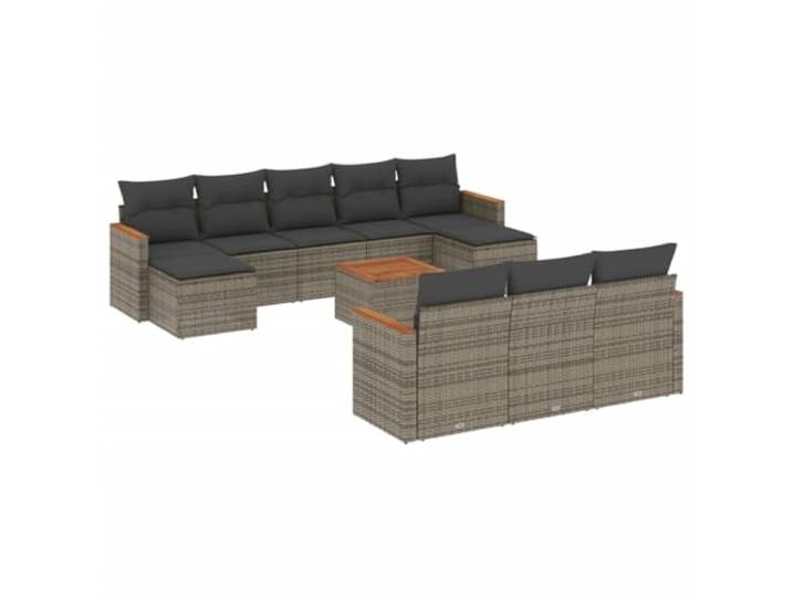 PUGYNBK 11-teiliges Set Gartensuppen aus synthetischem Rattan grau Couchtisch aus Akazienholz, abnehmbare Kissen, Stahlkonstruktion, Modulbau