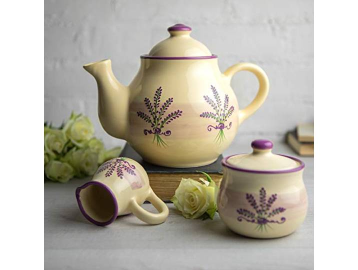 City to Cottage® - Großes Tee Set Lavendel Motiv Handgemacht Keramik Teekanne 1,7 Liter, Milchkännchen, Zuckerdose