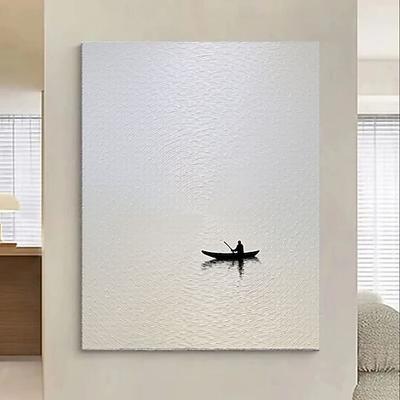 Minimalistisches Poster mit Ruderbootmotiv aus Naturfarben, rustikale Küstenlandschaft, Strandhaus-Wanddeko, Einzugsgeschenk, nautische Boho-Kunst