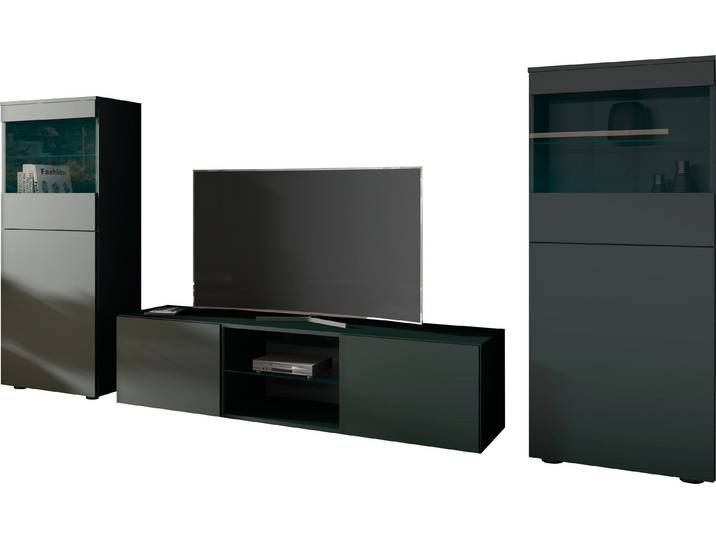 Wohnwand BORCHARDT MÖBEL Scala, Mediawand 3-teilig mit 2 Vitrinen und Lowboard , schwarz (schwarz matt), Mit Push to open, Kastenmöbel-Sets, Wohnwand, Mit Griffen oder Push-to-open-Systemen, Fronten matt oder glänzend