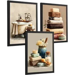POSTER 3er-Set dekorative Badezimmerbilder, Wanddekoration, natürlichen, für Toilette, mit Handtüchern, Kerzen und Seifen Schwarzer Rahmen A4