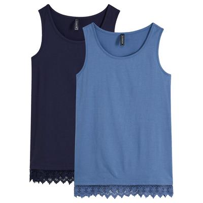 Shirttop BONPRIX, Damen, Gr. 36/38 (S), jeansblau, dunkelblau, Obermaterial: 100% Baumwolle. Spitze: 100% Baumwolle, bequem, Tops Shirttop, bequeme Passform, zarte Spitzenborte am Saum, taillierter Schnitt
