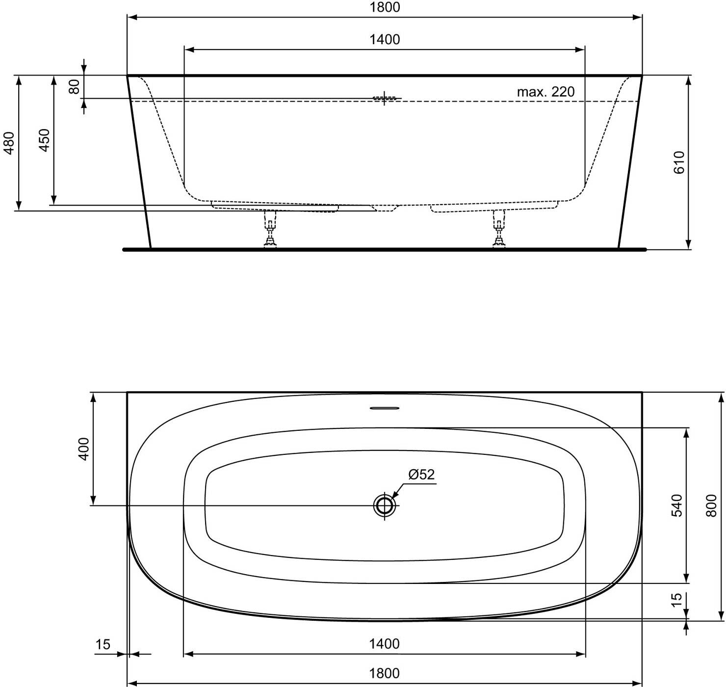 Ideal Standard Wand-Körperform-Badewanne 180 x 80 cm, inkl. Ablaufgarnitur