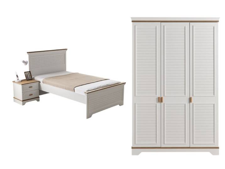 Villa Möbel Jugendzimmer-Set Liorfen, (Jugendzimmer-Set, 3-tlg., Bett mit Kopfteil, 1 x Nachttisch und 3 trg. Kleiderschrank), Bett Schrank Kommode mit Spiegel und klassischem Stauraum