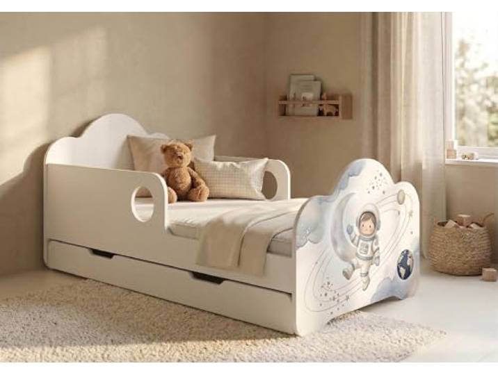 Happy Babies Kinderbett 144x82 cm mit Schublade Matratze & Flex-Lattenrost Bettkasten Kinderbett Weiß Rausfallschutz Komplettset, Einhorn, für EIN Mädchen, Juniorbett (Nr 434)