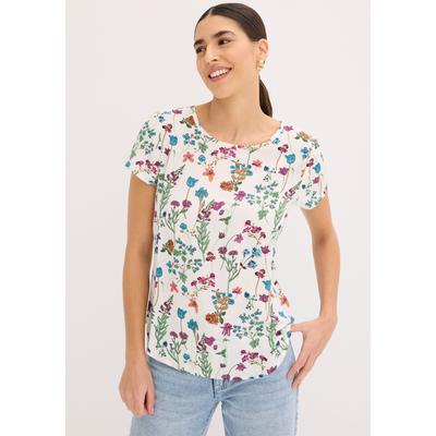 Shirtbluse BONPRIX, Damen, Gr. 48, bunt (wollweiß geblümt), Web, Obermaterial: 100% Polyester, bedruckt, geblümt, regular fit hüftbedeckend, Rundhals, Blusen, figurumspielende Passform, abgerundeter, hinten etwas längerer Saum