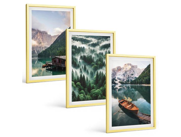 Tulup Bilder SET 3er Set - 40x60 cm Goldrahmen - Bergsee, Boot, Waldnebel, Goldfarben, Kunststoff, Rechteckig, 40x60 cm, gerahmt, Bilder & Rahmen, Bilder