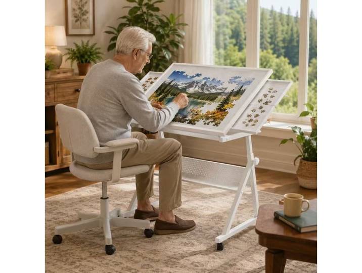 Table de puzzle réglable en hauteur et inclinable AESVAR 4 plateaux blanche pour adultes