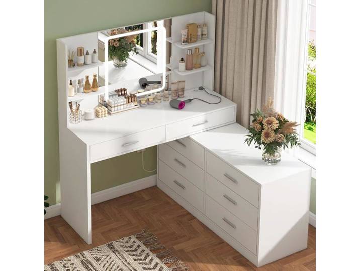TEENFON Coiffeuse avec Miroir LED Blanc 8 Tiroirs et 6 Étagères Luminosité Réglable