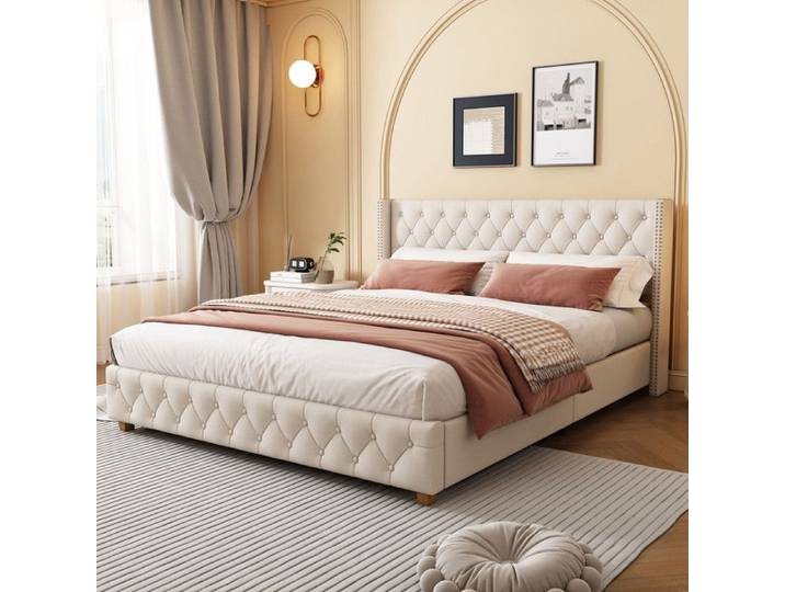 Lit rembourré 180x200 cm avec sommier à lattes et tête de lit rembourrage à boutons rembourrage clouté lin beige