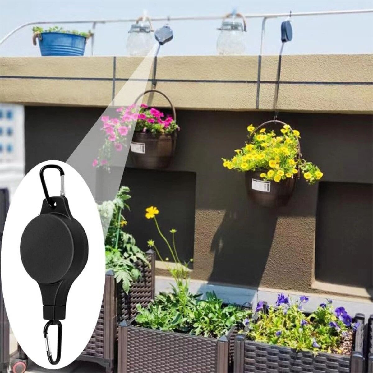 INF Garten-Hängehaken Schwarz 3er-Pack — Einziehbare Pflanzenrolle, verstellbarer Aufhänger für Blumenampeln und