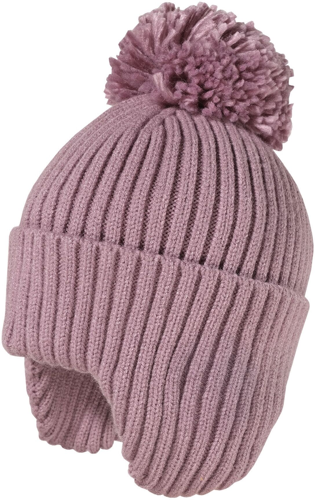 Strickmütze MAXIMO, Kinder, Gr. 49/51, lila (rauchlila), Strick, Materialmix, unifarben, Mützen Strickmütze, wärmend, breiter Umschlag, Ohrenklappen, Bommel rauchlila 49/51
