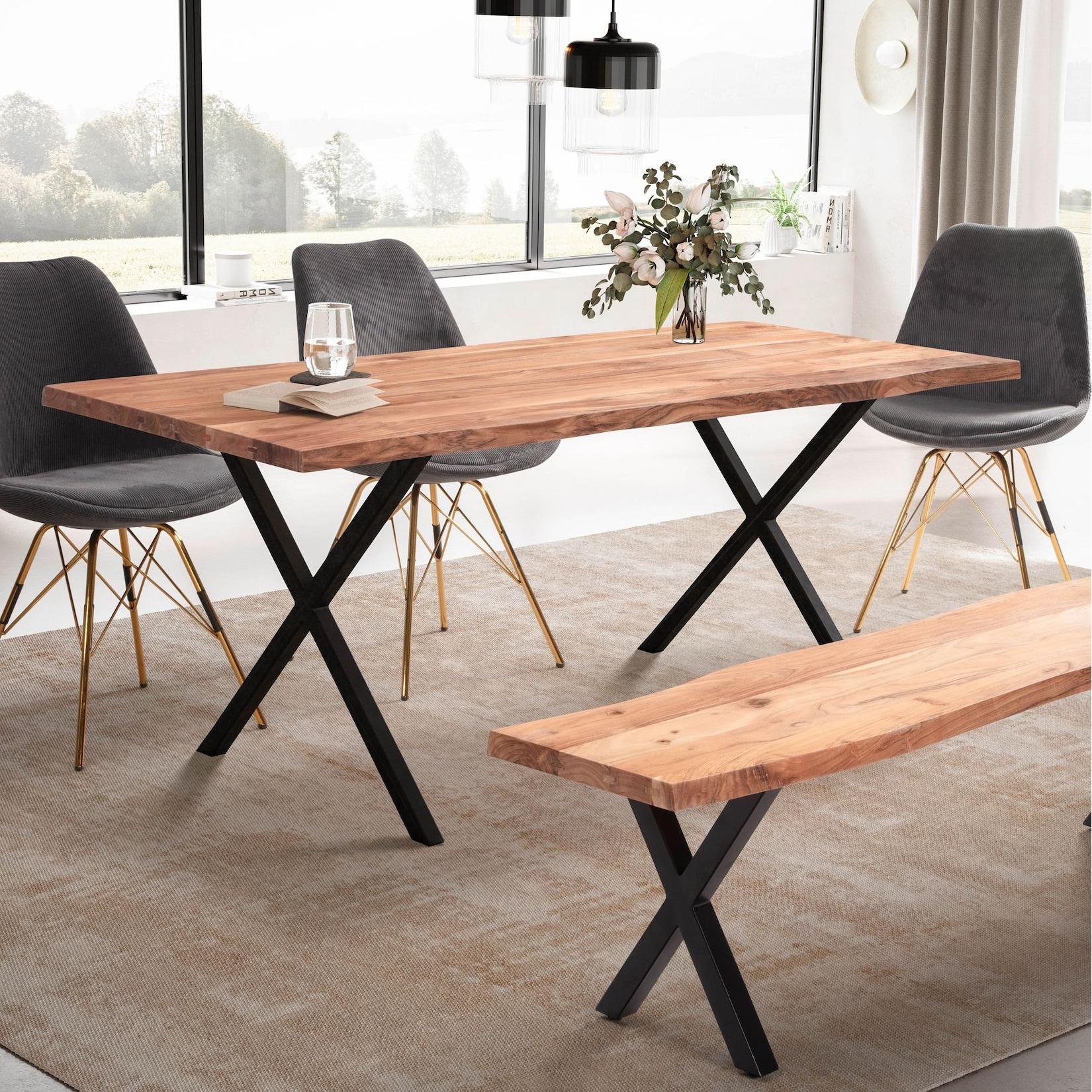 Esstisch 120x60 cm Akazie Massivholz 4cm Baumkante X-Gestell Esszimmertisch