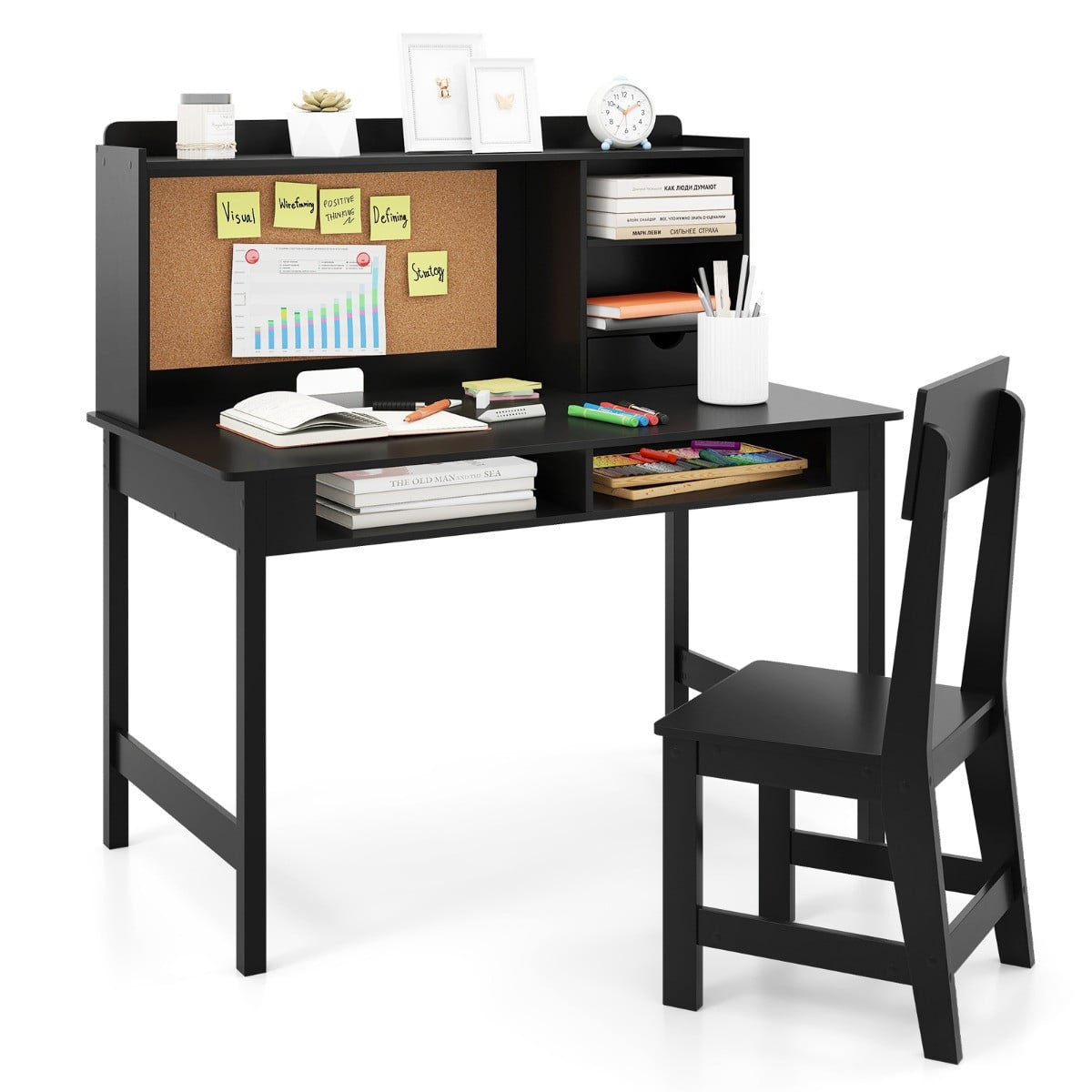 Costway Kinderbureau met Stoel en Kurken Prikbord in Zwart