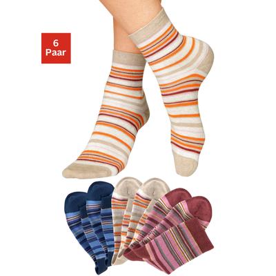 Socken H.I.S "Damensockensocken kurze Schafthöhe, Mini Crew Socken, Baumwolle", Damen, Gr. 35-38, bunt (2x beige, melange, 2x rot, melange, 2x blau), Baumwolle, Elasthan, Polyamid, geringelt, elastisch, Socken Socken, mit farbigem Ringelmuster