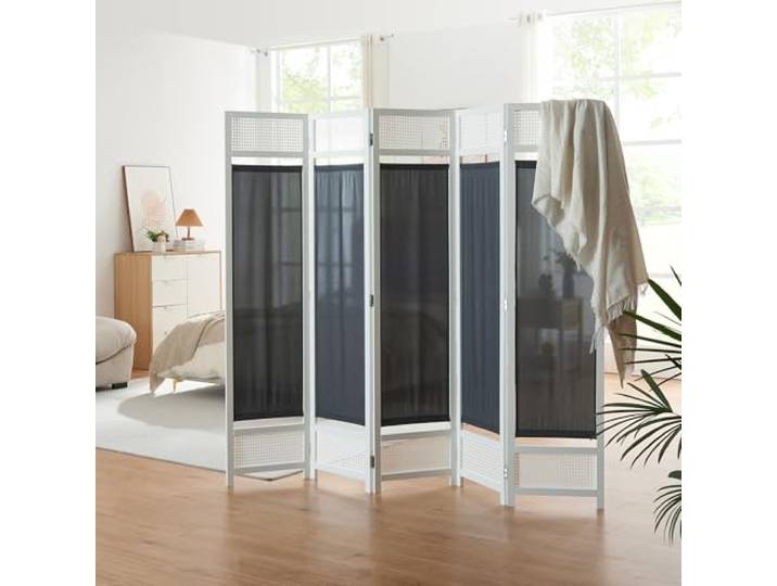 [en.casa] Raumteiler Dorotea Paravent Sichtschutz 5-teilig Raumtrenner faltbar Spanische Wand 200 x 170 cm Trennwand Paneele in Rattanoptik Rahmen aus Bambus Stellwand freistehend Weiß/Dunkelgrau
