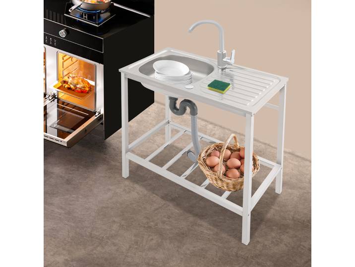 Évier Commercial 75*40*75cm avec comptoir et étagère de fonctionnement, évier de cuisine à cuvette unique, évier autoportant avec robinet 360