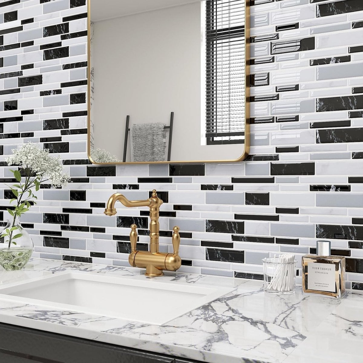 Set van 3 zelfklevende 3D tegelstickers met marmerlook in zwart en grijs voor badkamer en keuken, 30.5 x 30.5 cm