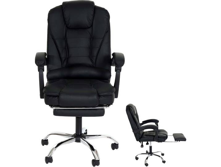Bürostuhl HWC-M80, Schreibtischstuhl Drehstuhl Chefsessel, ausziehbare Fußstütze Kunstleder silbernes Fußkreuz schwarz