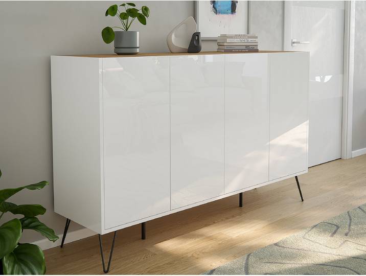 Enfilade Industrial avec portes 94cm Blanc/Blanc brillant/Imitiation chêne