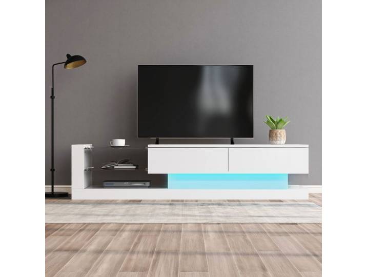 Armoire TV Blanche Élégante à LED 2 Portes Haute Brillante Etagères en Verre Meuble TV Moderne Buffet Bas Salon Blanc