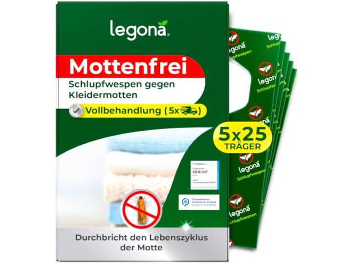 Legona Schlupfwespen gegen Kleidermotten, 25 Träger, 5 Lieferungen 15 Wochen Komplettkur gegen Motten in Kleiderschrank, Schubladen, Wollkleidung und Textilien